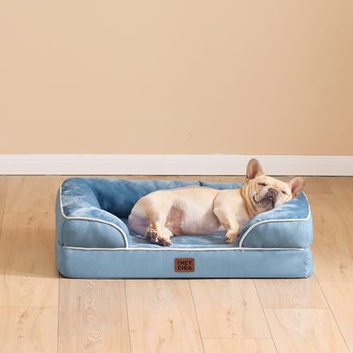 Image of EHEYCIGA Orthopedic Dog Beds for Large Dogs, Waterproof Memory Foam Large Pet Bed with Sides, Non-Slip Bottom and Egg-Crate Foam Dog Couch Bed with Washable Removable Cover, Washed Blue