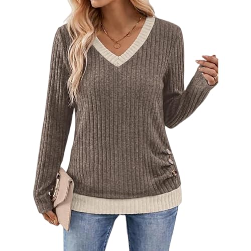 Winter Sweaters for Women V Neck Button Side Warm Ribbed Knit Shirt - image 3