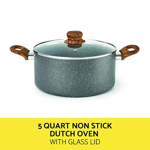 BELLA 12 Piece Wood Grain Pattern Handle Set Nonstick Cookware, Gray Speckle 7 Gallery Image