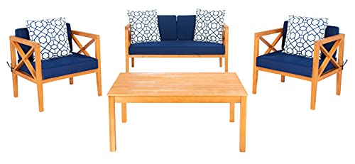 SAFAVIEH Outdoor Collection Montez Natural/Navy Blue Cushion 4-Piece Conversation Patio Set with Accent Pillows