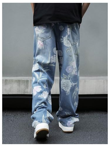 Men's Floral Jeans Hip Hop Wide Leg Casual Baggy Denim Pants with Pockets2