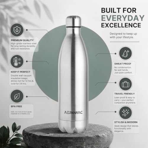 Image of 304 Stainless Steel Viva Insulated Flask 1000ml | Hot & Cold 24 Hours | Double Wall, Lightweight, Leak Proof, BPA-Free Bottle | Ideal for Office, Gym, School & Travel (Matte Silver, Pack of 1)