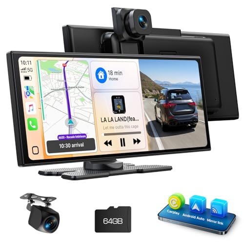 Volam CarPlay Display Bildschirm für AppIe CarPlay & Android Auto 10,25 Zoll Tragbares Car Play mit 2,5K+1080P Dashcam Vorne Hinten,Sprachassistent/Bluetooth/Navigation/Mirror Link/AUX/FM/64G TF