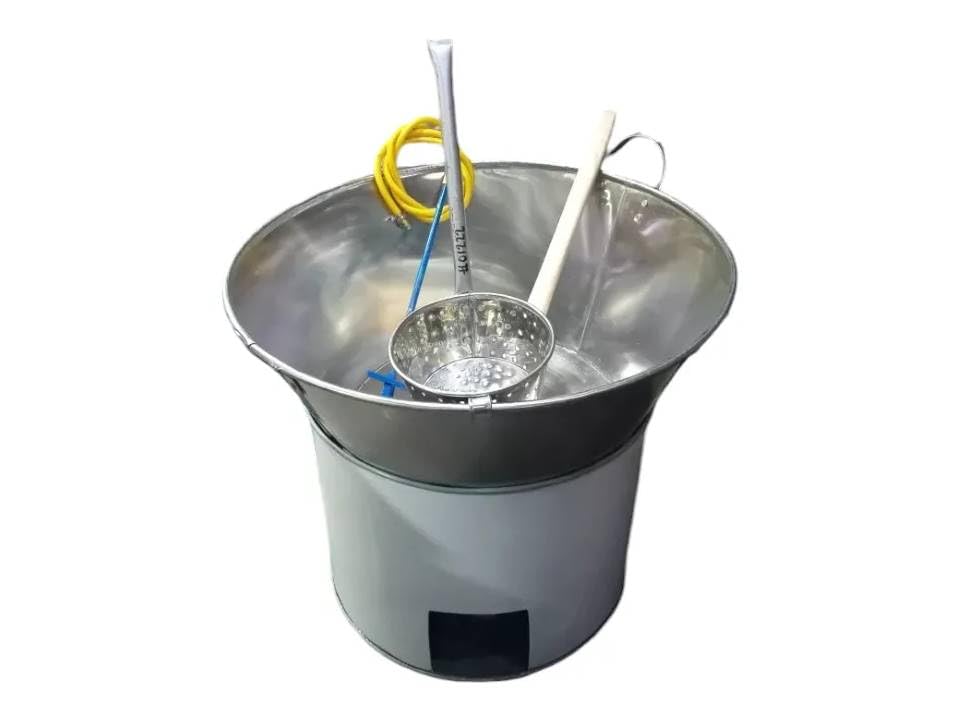 El Mejor Listado de Cazos los 5 mejores. 43 Cazo de Acero Inoxidable para Freír kit con base, quemador, pala y escurridor, de 60 cm diametro engargolado Recipiente de Cocina Industrial