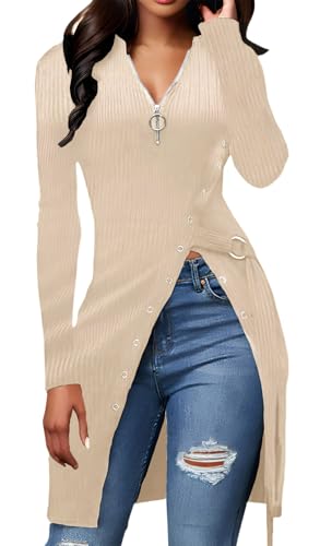 CaniBtr Womens Long Sleeve Side Split Tunic Tops Asymmetric Hem