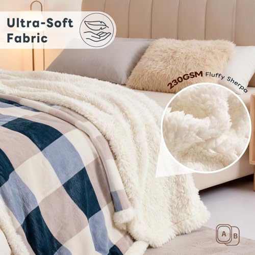 PU MEI Sherpa Fleece Throw Blanket 60" x 80" Reversible Plush Fluffy Large Big Blanket Lattice Flannel Blankets for Sofa Couch Bed (Grey-Soft Blue, 60"*80") - Image 4