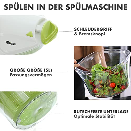 Twinzee Salatschleuder 5L - BPA FREI - Innovatives Design mit Ablaufsieb und Salatschüssel - Stoppfunktion - Rutschfeste… - Image 6