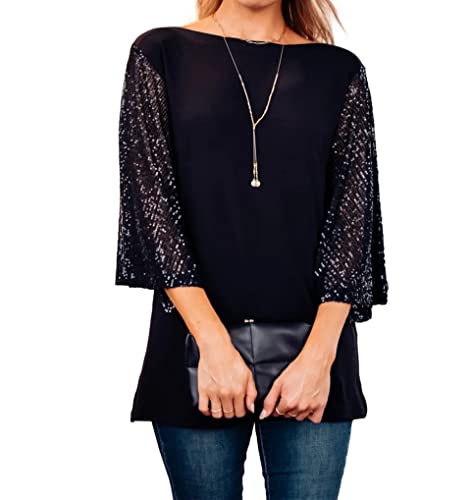 Fansi Nova Womens Flutter Sleeve Boatneck Sparkly Holiday Party Blouse Casual Loose Sequin Tunic Tops (Black,L) #TOP27