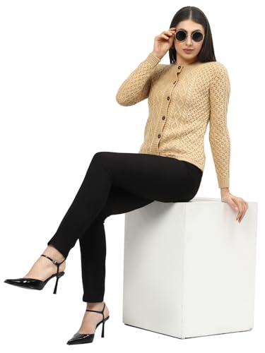 Image of Kalt Women Sweater for Winters Woolen Acrylic Full Sleeve Round Neck Cable Design Cardigan Sweater