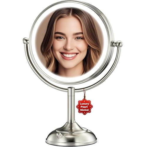 2025 VESAUR 9' Large 5000mAh Rechargeable Lighted Makeup Mirror Nickel, 1X/10X/20X HD Magnifying Mirror with Compact Suction Mirror, 3 Color Dimmable light, 360°Swivel Seamless Vanity Mirror, Gift Box