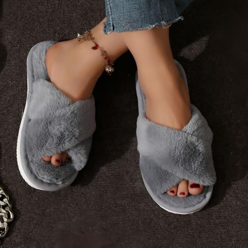 Women's Fuzzy Slippers Cross Band Memory Foam House Slippers Open Toe