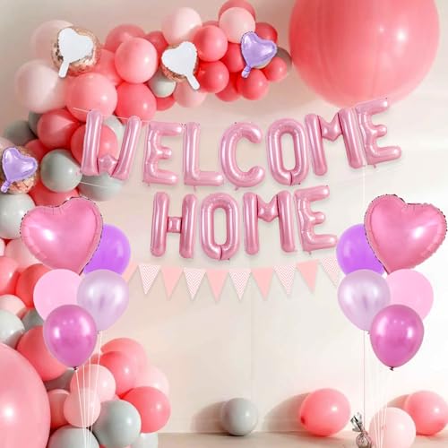 Image of TONIFUL 16 Inch Pink Welcome Home Foil Letter Balloon Banner Decoration Kit