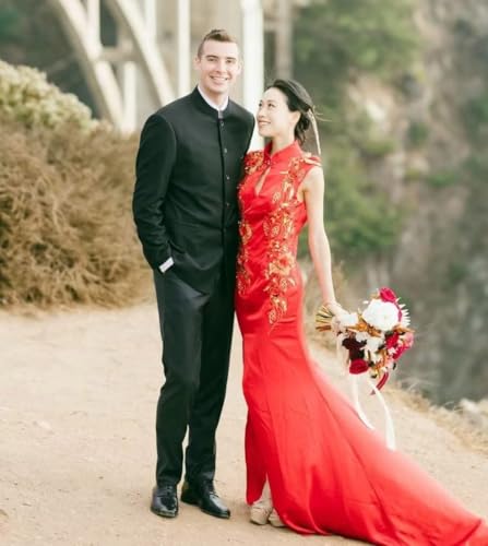 2 Piece Men's Chinese Suit Chinese Stand Collar Slim Fit Suits Front Button Blazer Pant Set2