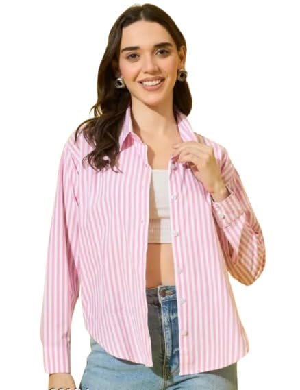 Women's Pink and White Striped Button Down Shirt, Long Sleeve Cotton Casual Shirt, Collared SIRT for Daily & Casual Wear-picture-34
