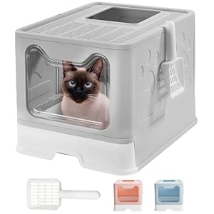 JUPPLIES – Arenero Gato Cerrado con Doble Entrada – Caja de Arena para Gatos Cubierta 51x38x41cm – Arenero Gatos con Bandeja Extraíble y Pala – Arenero para Gatos de Fácil Limpieza (Gris)