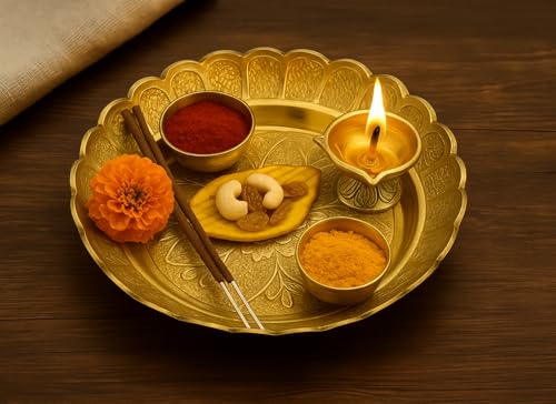 Image of Mkd2 Rise Brass Puja Round Thali /Bhog Thali /Puja Plate for Worship, Flower-Engraved Design (Brass, Gold Colour, 6 Inches)