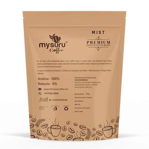 Image of MYSURU COFFEE Premium Whole Roasted Beans [250g - MIST] | Pure Arabica - 100% | Cafe Blend Medium Roast Fresh Single Origin Coffee