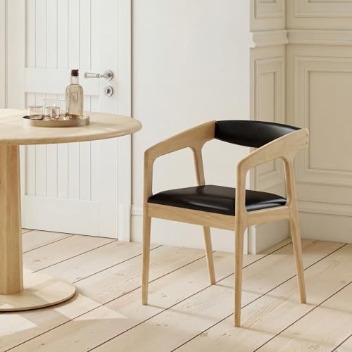 Image of COSTWAY Dining Chairs with Arms Set of 4, Mid Century Modern Wooden Accent Chairs with Faux Leather Seat & Padded Backrest, Kitchen Side Armchairs for Living Dining Reading Room, Natural & Black