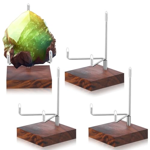 Wenqik 4 Pcs Crystal Display Stand Rock Display Stand Adjustable Metal Arms with Wooden Base Geodes Rock Agate Mineral Easel Holder for Collectibles(2.56 x 2.56 x 4.33 Inch Silver)