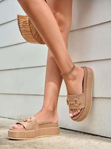 Image of Coutgo Womens Platform Sandals Raffia Espadrilles Metal Chain Slip on Open Toe Cute Beach Slide Sandals
