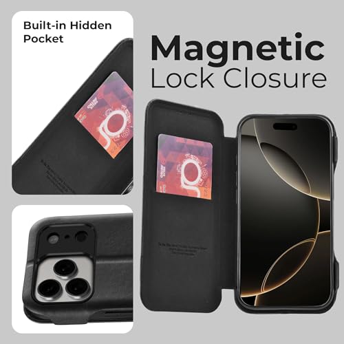 Image of PULOKA Premium PU Leather Flip Cover Compatible with Apple iPhone 17 Pro - Slim Wallet Case with Card Slot, Magnetic Closure, Kickstand Stand Function & Full Body Protection (Black)