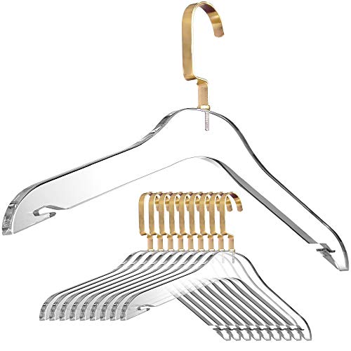 Designstyles Clear Acrylic Clothes Hangers - 10 Pack Stylish and Heavy Duty Closet Organizer with Gold Chrome Plated Steel Hooks - Non-Slip Notches for Suit Jacket, Sweater, Blouse, and Dress