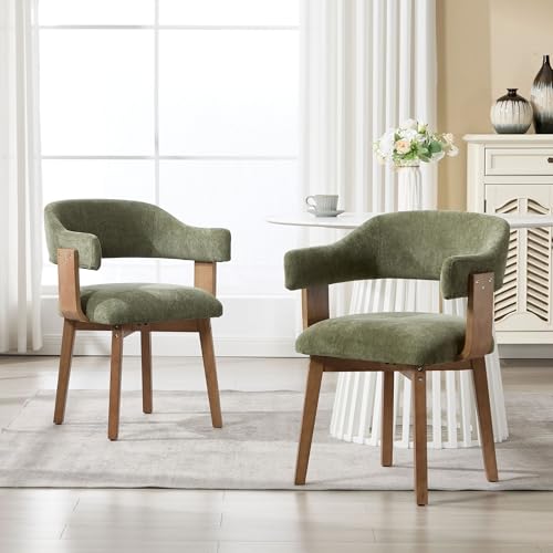 Green Upholstered Dining Chairs Set of 4, Mid Century Modern Dining Room Chairs with Wooden Legs and Armrest, Chenille Fabric Barrel Kitchen Chairs for Kitchen/Living Room