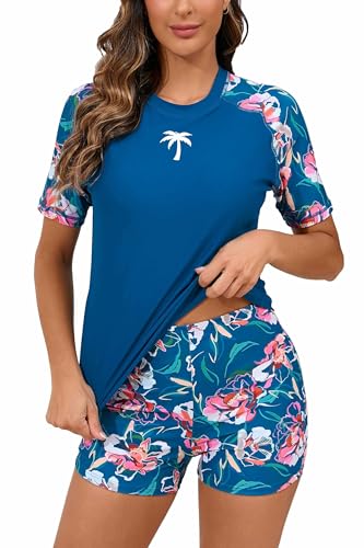 Halcurt Women's Built in Bra Rash Guard UPF 50 Two Piece Swimsuit Shirt and Board Shorts
