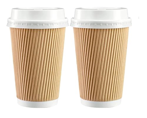 Sunrise Packaging 50 x 12oz Kraft Ripple Coffee Cups with LIDS 340ml | Eco-Friendly Insulated Brown Hot Drinks Cups (12oz Cups with LIDS)