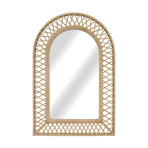 Image of Arched Rattan Wall Mirror - 24x36 Inch Boho Elegance with Woven Frame, Decorative Mirror for Bathroom Vanity Entryway Living Room