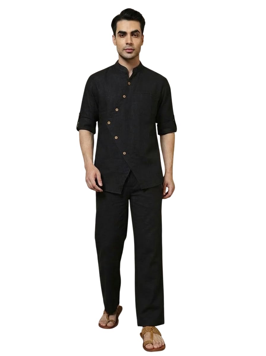 amanush Solid Angrakha Style Pure Cotton Kurta With Knee Length Combo Cord Set|Full Pant|Kurta Dress|Mandarin Collar|Full Sleeve|Co ords for Men Fashion|Casual Wear|Two Piece (Black)-picture-14