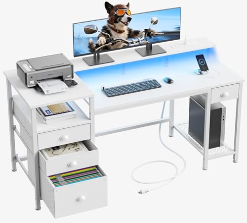 Image of Furologee 60 inch White Computer Desk with 4 Drawers, Power Outlet, LED Lights