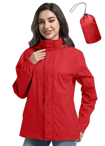 Zdoynto Regenjacke Damen Dünne Wasserdicht mit Kapuze Outdoorjacke Packbare Leicht Fahrrad Jacke Fahrradjacke Windbreaker Reisen Treking Fahrrad Rot L