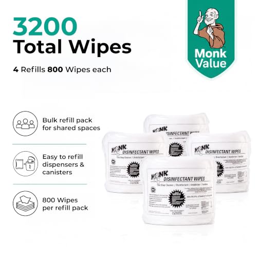 Image of Monk Disinfecting Wipes (4 Refills of 800 Count) for Commercial Facilities | Heavy Duty Cleaning Wipes - 3in1 Disinfectant, Deodorizer & Sanitizer Cleaning Supplies - All Purpose Cleaner for Home & Gym