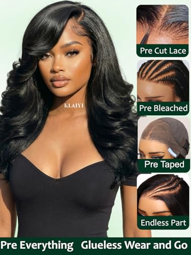 Image of KLAIYI Pre Everything Glueless Layer Side Part Loose Body Wave 13x4 Lace Front Wigs Human Hair Drawstring Curtain Bangs Face framing Pre Bleached Knots Pre Plucked 3S Ready to Put On and Go Wig 26Inch