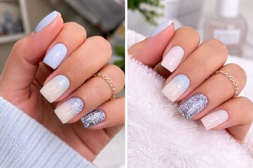 Image of Pastel Blue & Pink Ombre Press On Nails with Black Glitter Tips | Glossy Square Shape Fake Nails | Reusable Stick On Nails for Women (24 Pcs Nail Kit)