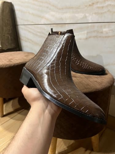 Image of LOZANO Premium Croco Texture Chelsea Leather Boots for Men | High Ankle Cuban Heel Round Toe Zip Closure Cushioned Insole Boot