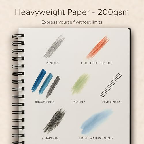 A5 Sketchbook for Artists Hardcover – 200GSM Very Thick Paper – Sketch Pad Art Book, Spiral Bound Sketch Book for Artists and Children – Drawing Book 40 Sheets / 80 Pages