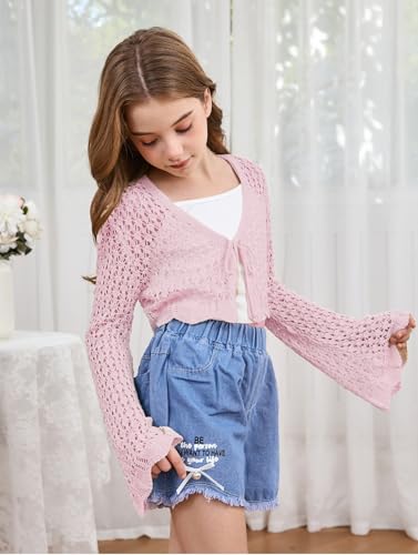 Image of Milumia Girl's Tie Front Crochet Knitted Cardigan Sweater Hollow Out Long Sleeve Crop Cover Up Top