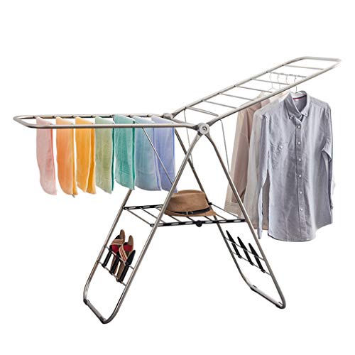Clothes Airer with Wings Expandable Stainless Steel 4 Shoe Holders Laundry Drying Rack Washing Line Dry Towel Rail for Indoor or Outdoor Height Adjustable
