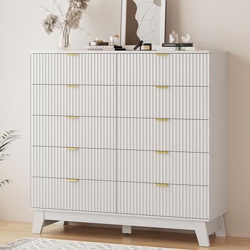 Image of Xixini Fluted Dresser for Bedroom with 10 Drawers, 48 inch Wide Modern Chest of Drawers with Metal Handle, Wooden Dresser TV Stand, Wood Closet Clothes Storage Organizer for Living Room, Hallway, White