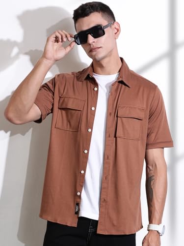 Image of Thomas Scott Men's | Solid | Half Sleeve | Slim Fit | Cotton Blend | Double Flap Pocket | Spread Collar | Casual Shirt