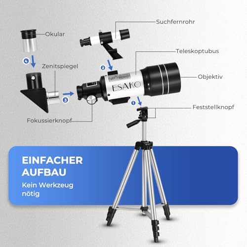 Bild 5 - ESAKO Teleskop für Kinder & Einsteiger, 70mm Blende Tragbares Teleskop Astronomisches Linsenteleskop mit Ausziehbarem Stativ, Telefonhalterung, Mondfilter