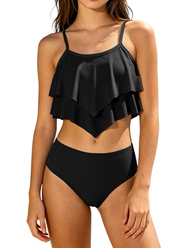 oklady Girls Swimsuit 2 Piece Bikini Set Tiered Ruffled Swimwear Adjustable Straps Girls Bathing Suit Size 9-10 Pure Black