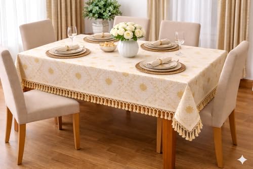 Image of Foil Print Table Cover 46x60 Inch (1 Pc) | Gold Printed Decorative Tablecloth for Center Table, Coffee Table & Dining Table (Off White- Golden)