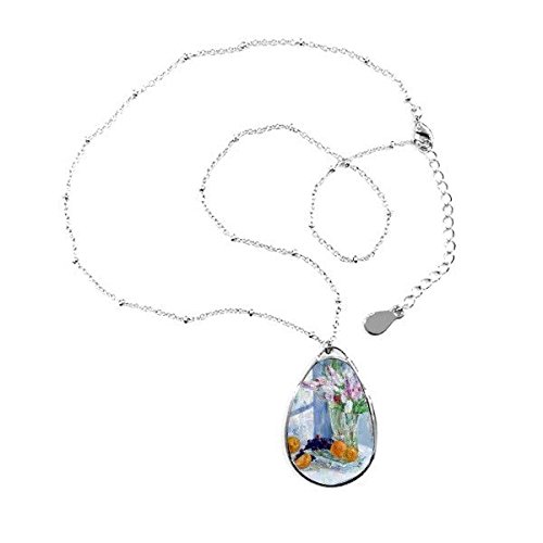 Collier pendentif goutte nature morte vase fleur et raisin orange avec chaîne pour femme