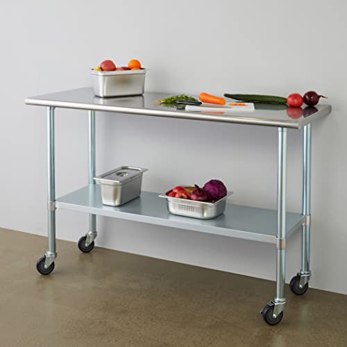 Image of ROCKPOINT Stainless Steel Table for Prep & Work with Caster Wheels 24x60 Inches, NSF Metal Commercial Kitchen Heavy Duty Table with Adjustable Under Shelf and Table Foot for Restaurant, Home and Hotel