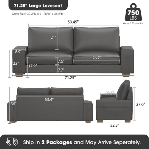 Image of Valthie Faux Leather Couch, Mid Century Modern Comfy Loveseat Sofa with Wide Arm, Side Pockets, Solid Wooden Frame for Office, Living Room and Bedroom, 2 Seater (Gery, 71.25 Inches)