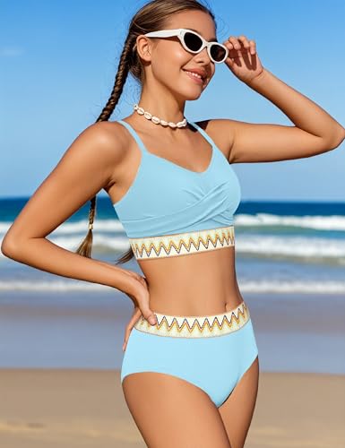 Image of BAVADER Girls Swimsuit 2 Piece Teen Criss Cross Bikini Set Woven Color Block Welt Bathing Suit for Girls Swimwear 9-18T