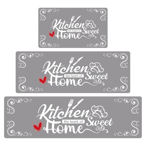 XLHOMO Kitchen Mats for Floor 3 Pieces Set, Non Slip Cushioned Runners Waterproof Comfort Kitchen Rugs and Mats Farmhouse Chef Mat Carpet for Sink, Laundry Room